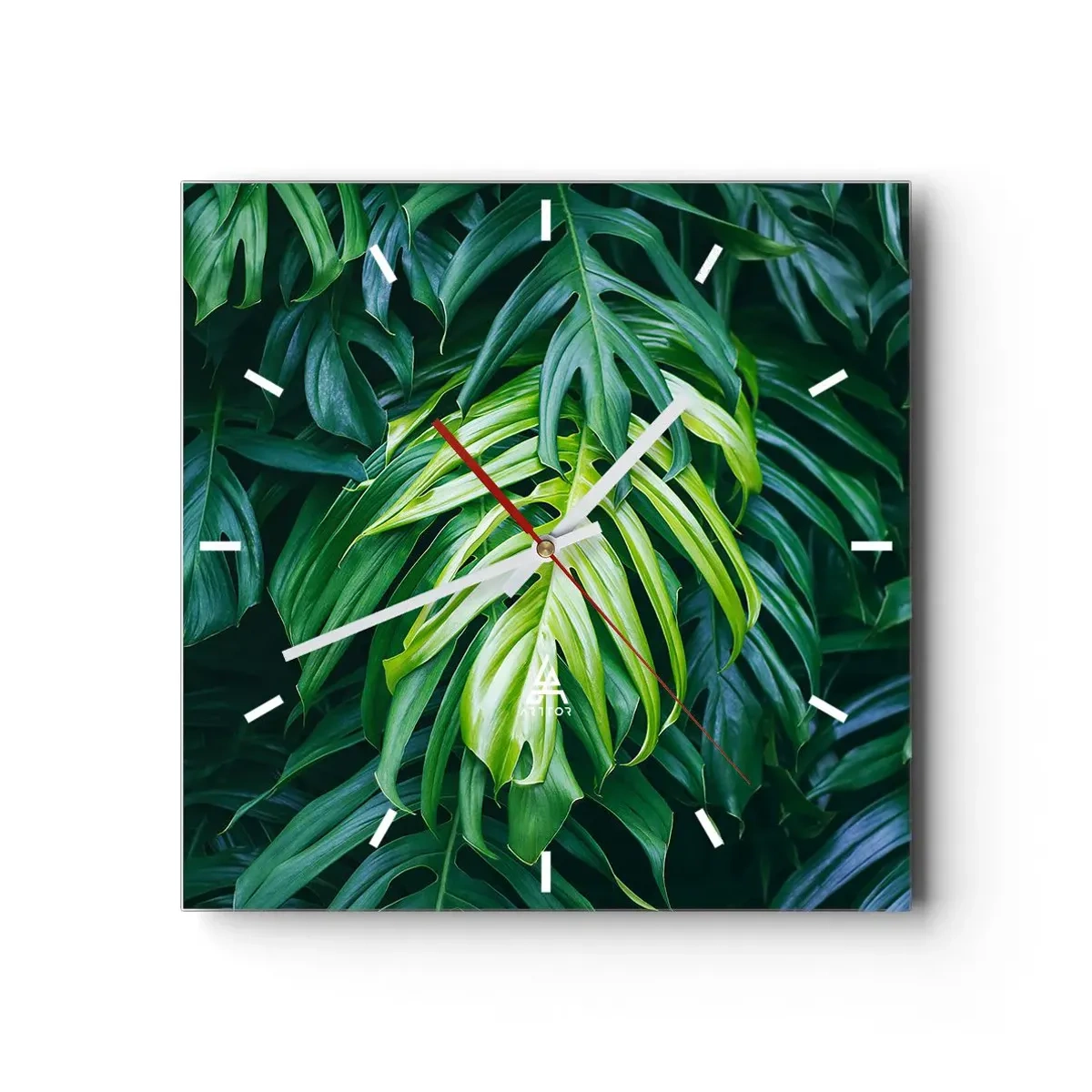 Orologio da parete - Orologio in Vetro - Foglie verdi in una fitta disposizione tropicale - 30x30cm - Immergersi nella freschezza - Decorazione murale moderna per soggiorno e camera da letto ARTTOR