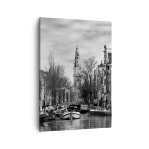 Quadro su tela - Stampe su Tela - Panorama in bianco e nero di Amsterdam con canale ed edifici storici - 50x70cm - Atmosfera di Amsterdam - Decorazione murale moderna per soggiorno e camera da letto ARTTOR