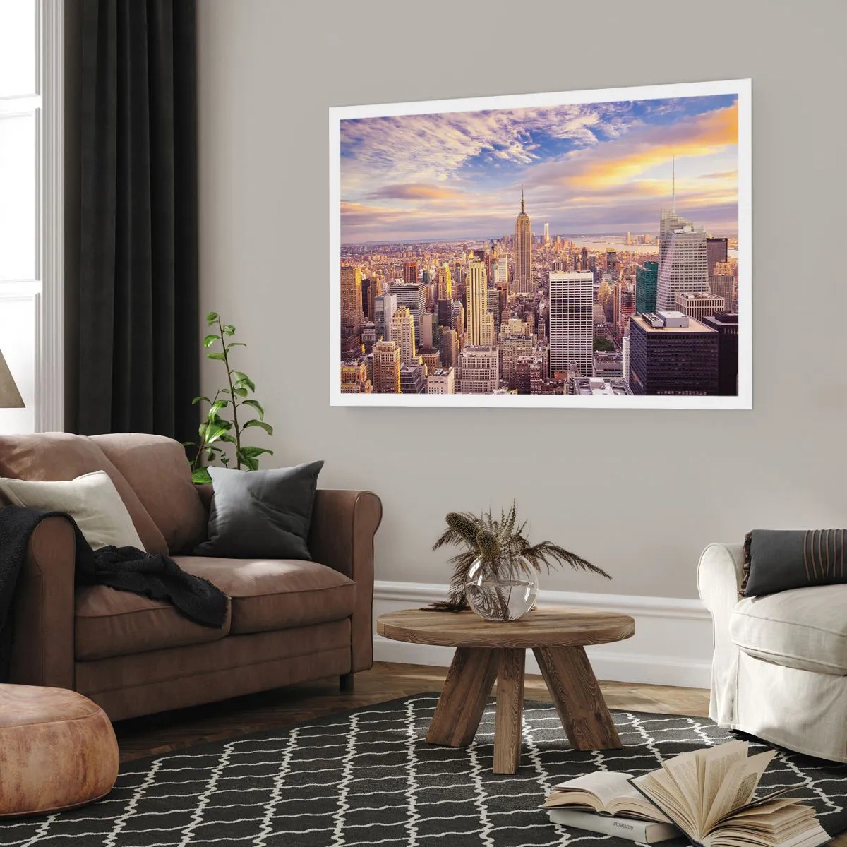 Poster - Panorama di una città moderna con grattacieli al tramonto - 100x70cm - Toccando le nuvole - Decorazione murale moderna per soggiorno e camera da letto ARTTOR