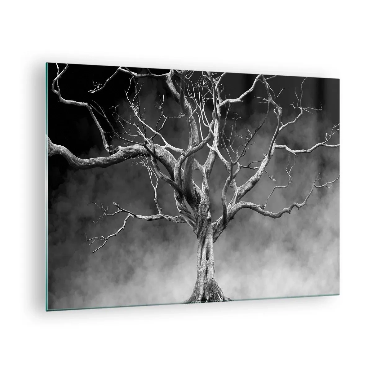 Quadro su vetro - Albero nero contro la nebbia - 70x50cm - Primordiale e sacro - Decorazione murale moderna per soggiorno e camera da letto ARTTOR