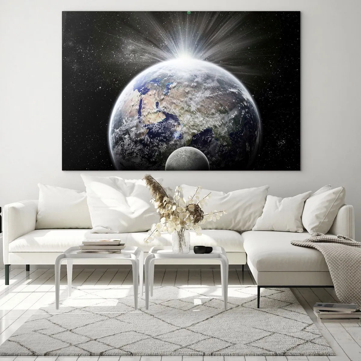 Quadro su vetro - La Terra e la Luna in uno scenario spaziale - 70x50cm - In pieno splendore - Decorazione murale moderna per soggiorno e camera da letto ARTTOR