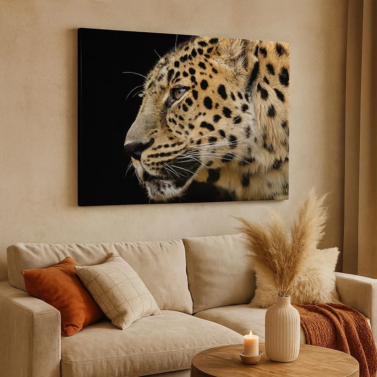 Quadro su tela - Stampe su Tela - Primo piano della testa di un leopardo su uno sfondo nero - 70x50cm - Calmo, concentrato, pronto - Decorazione murale moderna per soggiorno e camera da letto ARTTOR