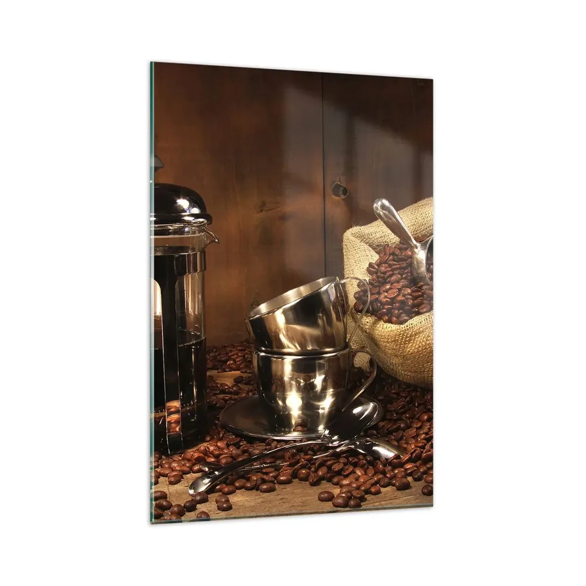Quadro su vetro - French press, tazze e una busta di caffè su uno sfondo di legno - 80x120cm - Magia del caffè: aroma e sapore - Decorazione murale moderna per soggiorno e camera da letto ARTTOR