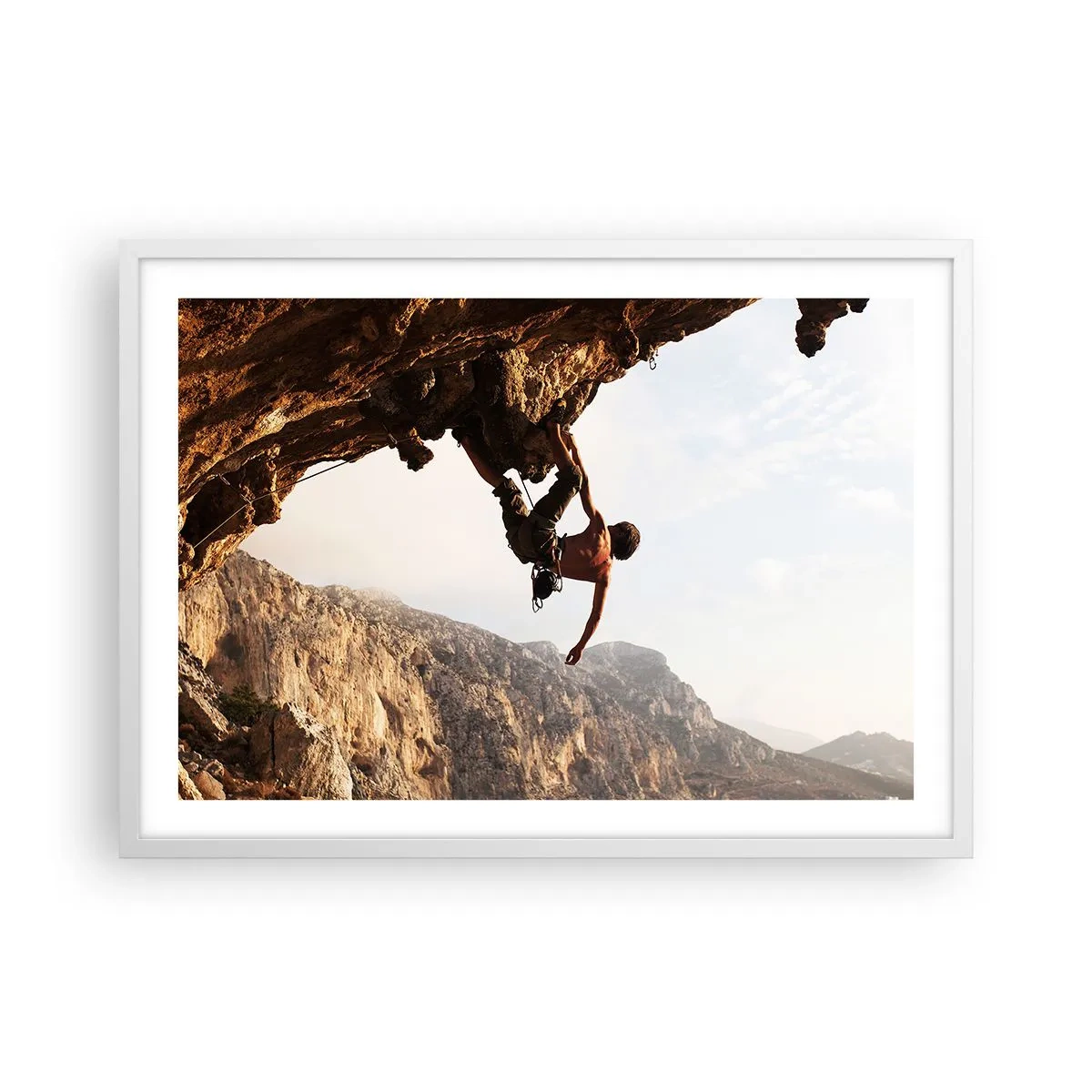 Poster in cornice bianca - Il mondo ristretto in una mano sul bordo del masso - 70x50 cm