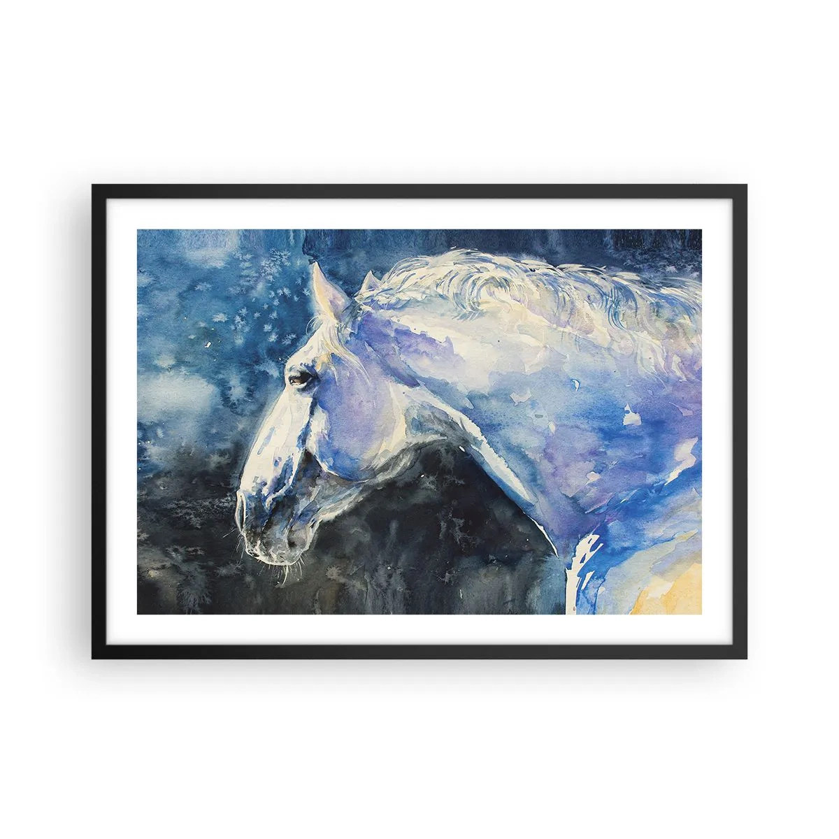 Poster in cornice nera - Ritratto di un cavallo nei toni del blu con effetto acquerello pittorico. - 70x50cm - Ritratto in luce blu - Decorazione murale moderna per soggiorno e camera da letto ARTTOR