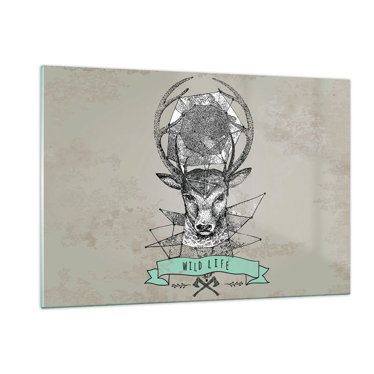 Quadro su vetro - Disegno geometrico di un cervo con la scritta Wild Life - 120x80cm - La visione di Sant'Uberto - Decorazione murale moderna per soggiorno e camera da letto ARTTOR