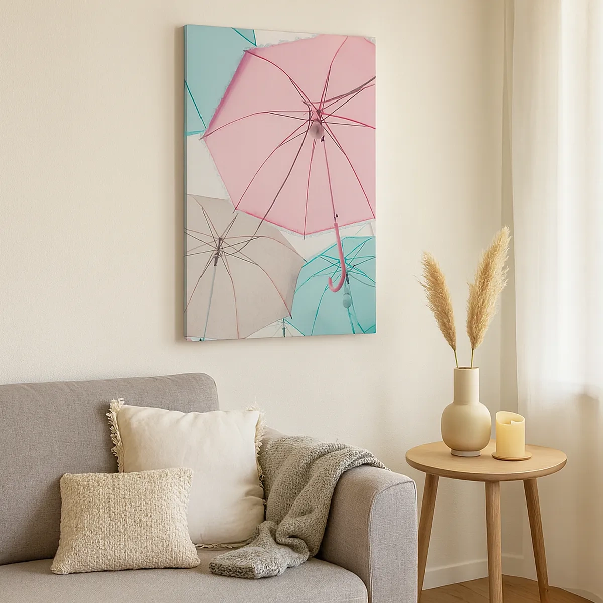 Quadro su tela - Stampe su Tela - Ombrelli pastello contro un cielo luminoso - 50x70cm - A volte sole, a volte pioggia - Decorazione murale moderna per soggiorno e camera da letto ARTTOR