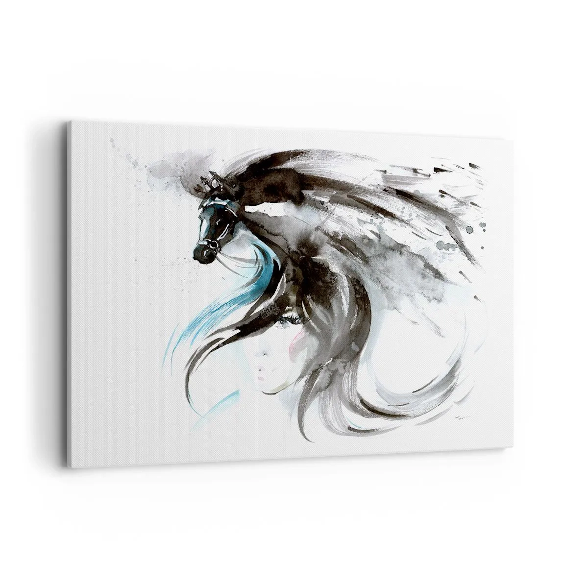 Quadro su tela - Stampe su Tela - Una donna e un cavallo in un acquerello mistico e pieno di dinamiche - 120x80cm - Il galoppo del Principe Nero - Decorazione murale moderna per soggiorno e camera da letto ARTTOR