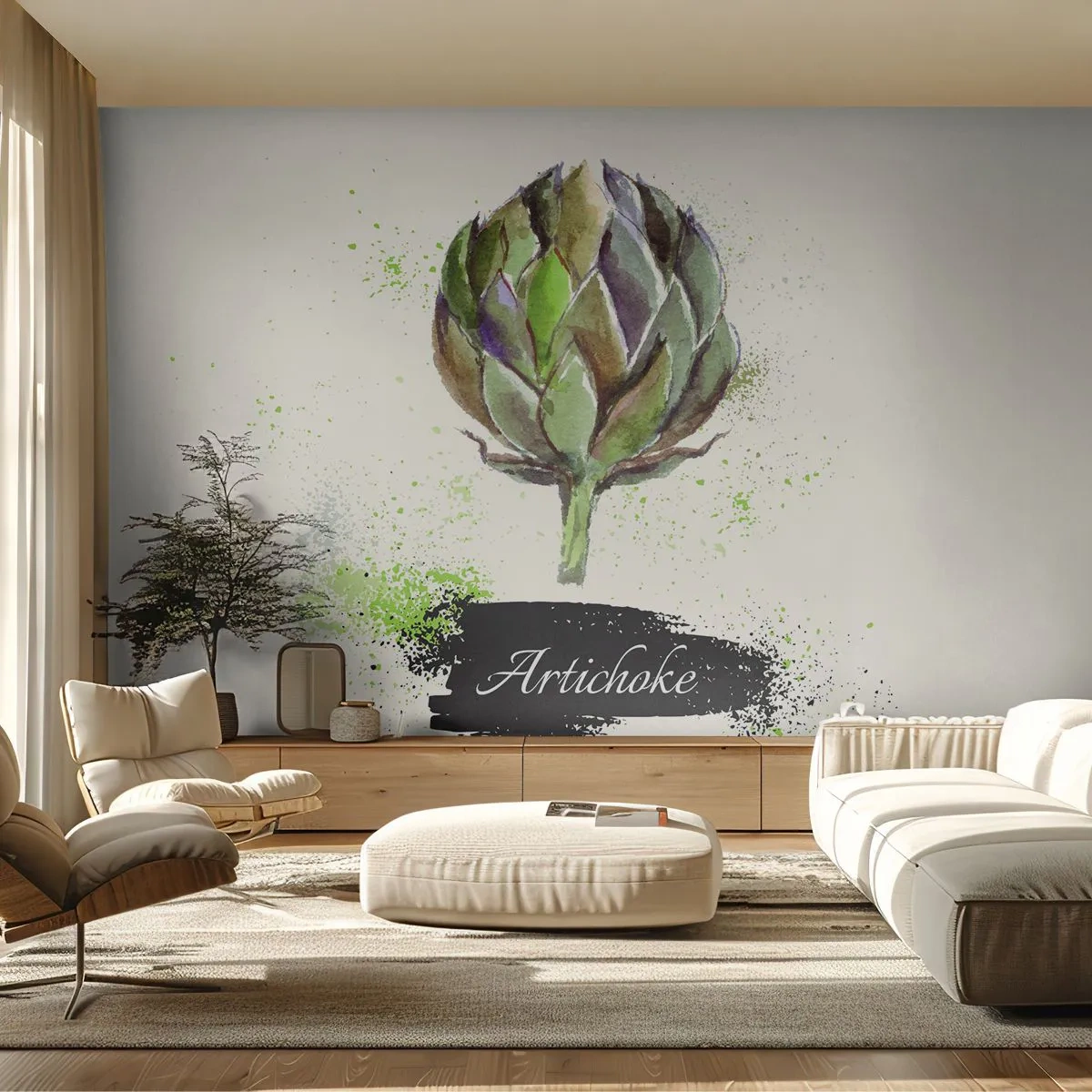 Fotomurali Premium Sand - Carciofo acquerello con la parola "artichoke" scritta su uno sfondo chiaro. - 100x70cm - Evviva la verdura! - Decorazione murale moderna per soggiorno e camera da letto ARTTOR