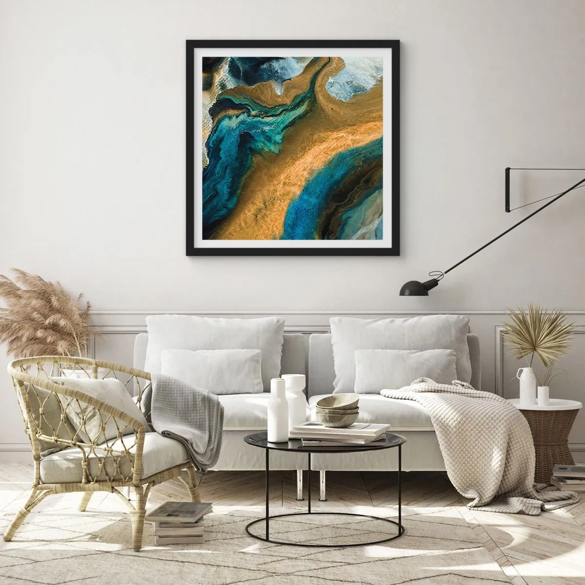 Poster in cornice nera - Blu-oro: influenza reciproca - 60x60 cm