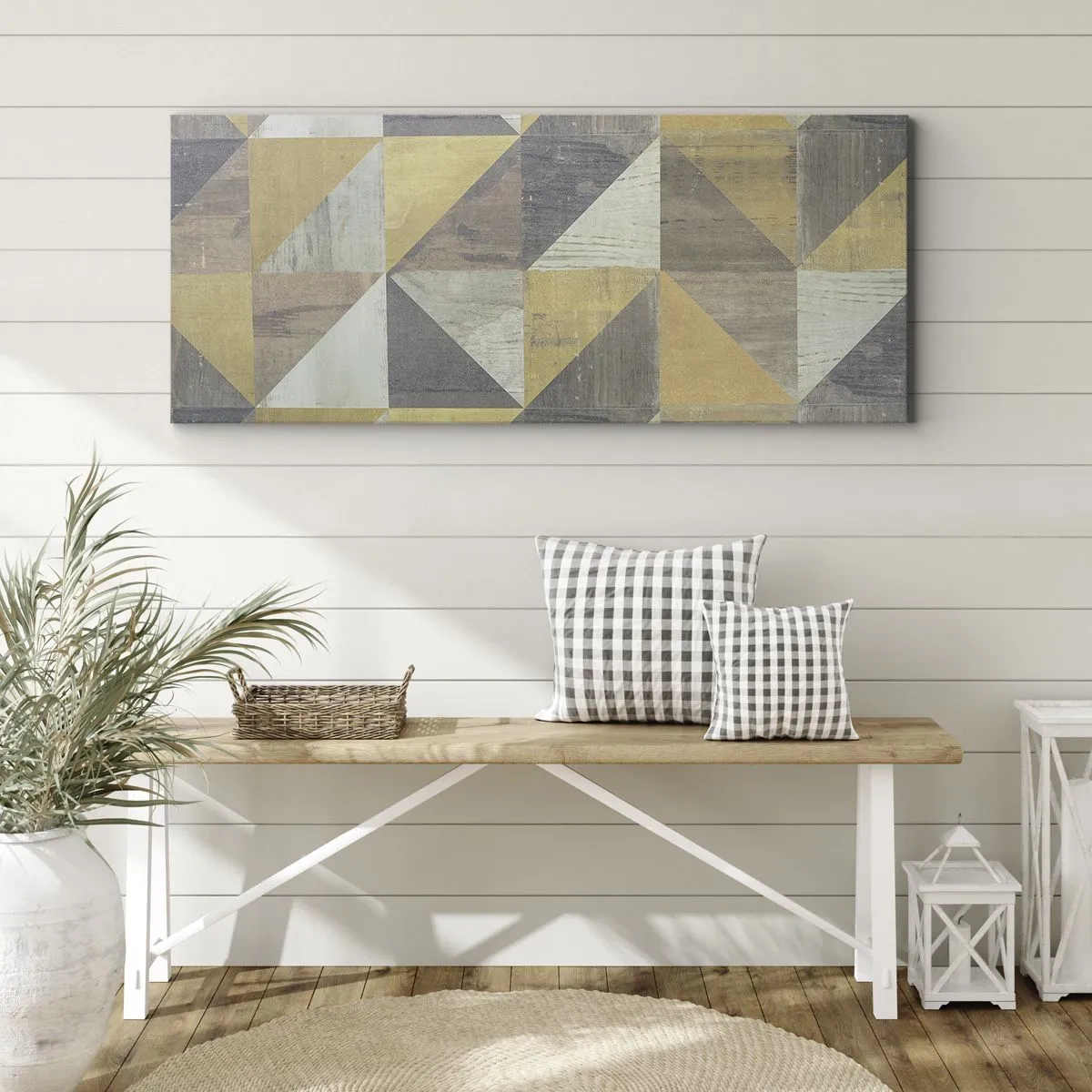 Quadro su tela - Stampe su Tela - Composizione geometrica di triangoli in tonalità terrose - 140x50cm - Secondo i triangoli - Decorazione murale moderna per soggiorno e camera da letto ARTTOR