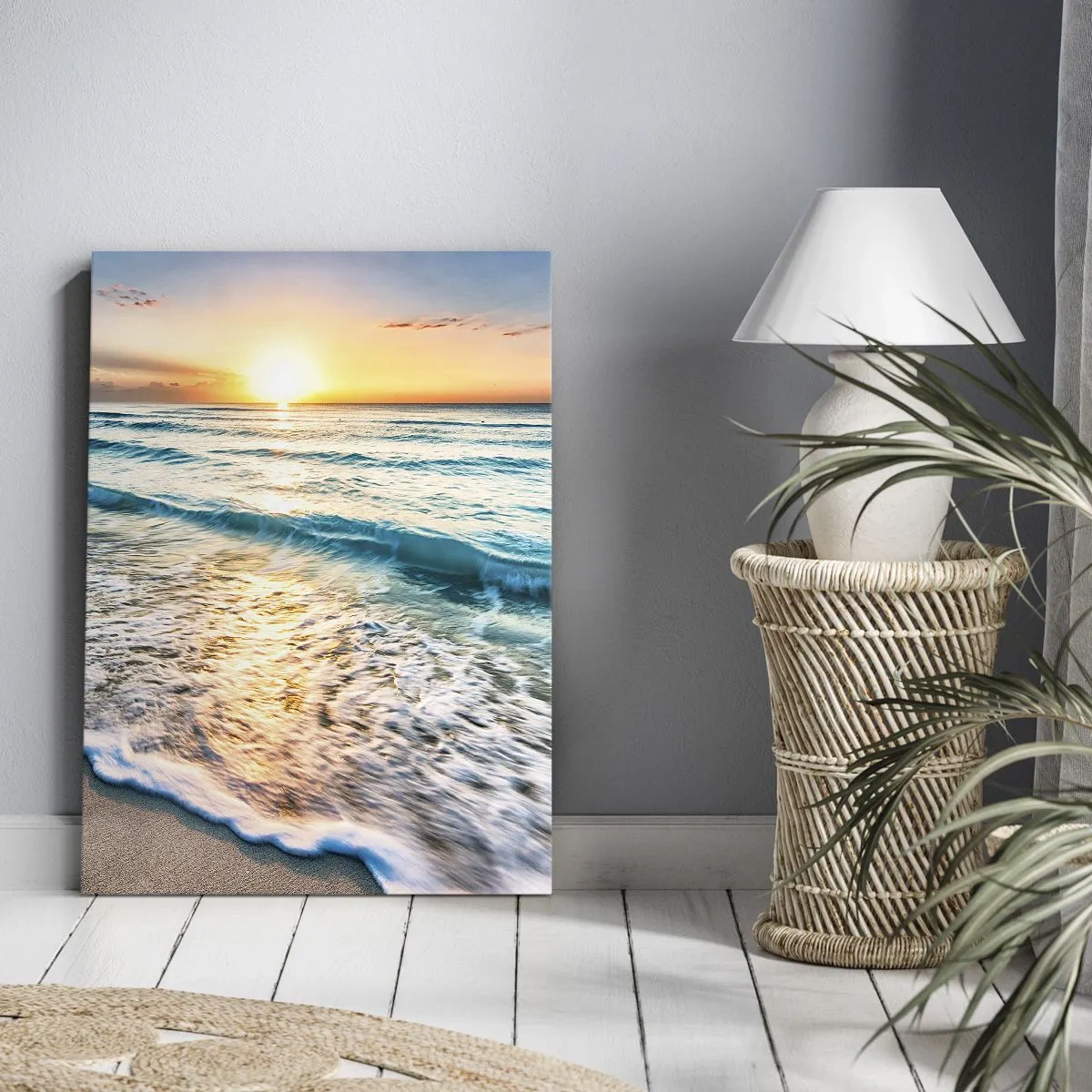 Quadro su tela - Stampe su Tela - Alba su una spiaggia tranquilla con onde - 70x100cm - Tramonto sul mare - Decorazione murale moderna per soggiorno e camera da letto ARTTOR