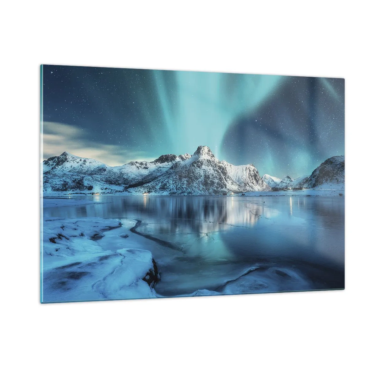 Quadro su vetro - Aurora boreale sulle montagne innevate - 120x80cm - Notte di luce - Decorazione murale moderna per soggiorno e camera da letto ARTTOR