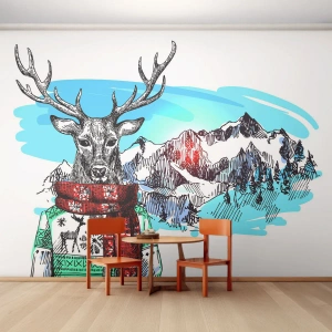 Fotomurali Premium Canvas - Un cervo con un maglione invernale sullo sfondo di un paesaggio montano - 100x70cm - Anche il cervo non ha freddo - Decorazione murale moderna per soggiorno e camera da letto ARTTOR