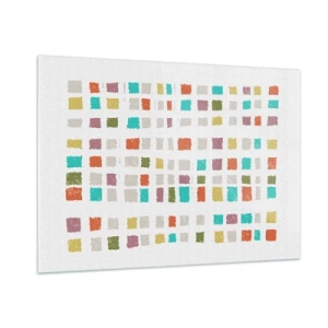 Quadro su vetro - Mosaico colorato di quadrati su sfondo bianco in stile astratto - 100x70cm - Un gioco sconosciuto - Decorazione murale moderna per soggiorno e camera da letto ARTTOR