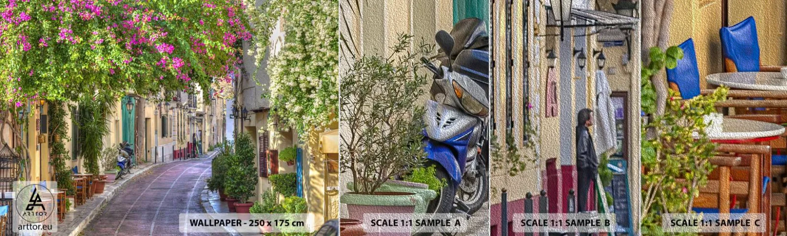 Campione di Fotomurale Premium Sand - Angolo fiorito - Architettura, Grecia, Città - 100x30 cm