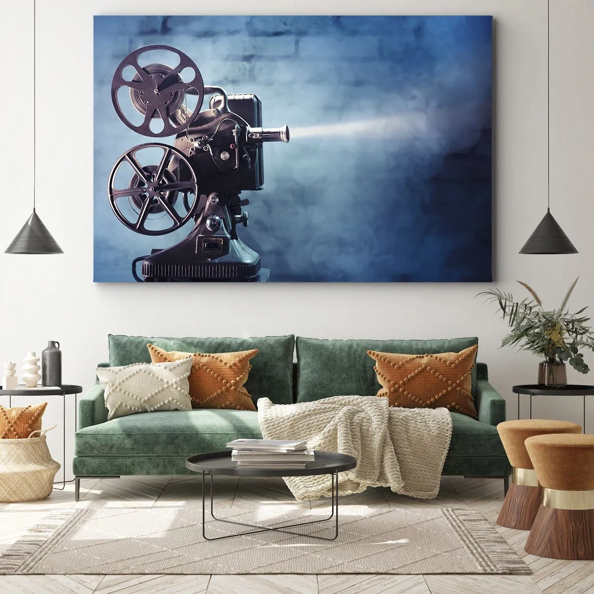 Quadro su tela - Stampe su Tela - Un vecchio proiettore cinematografico proietta luce su uno sfondo blu - 120x80cm - Nel vecchio cinema - Decorazione murale moderna per soggiorno e camera da letto ARTTOR