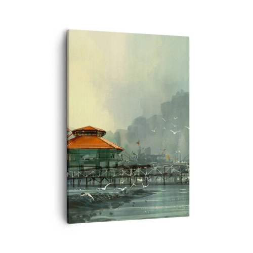 Quadro su tela - Stampe su Tela - Edifici portuali in uno scenario piovoso con gabbiani - 50x70cm - Giornata di pioggia al porto - Decorazione murale moderna per soggiorno e camera da letto ARTTOR