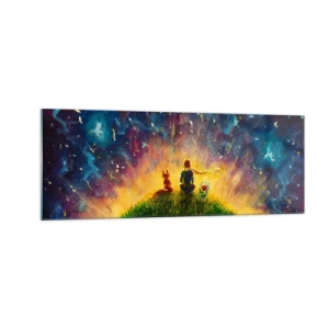 Quadro su vetro - Figure su una collina verde circondata da un cielo stellato - 140x50cm - Amore e amicizia: l'intero mondo - Decorazione murale moderna per soggiorno e camera da letto ARTTOR