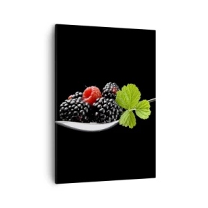 Quadro su tela - Stampe su Tela - More e lamponi su un cucchiaio con una foglia su uno sfondo nero - 50x70cm - I sapori della freschezza - Decorazione murale moderna per soggiorno e camera da letto ARTTOR