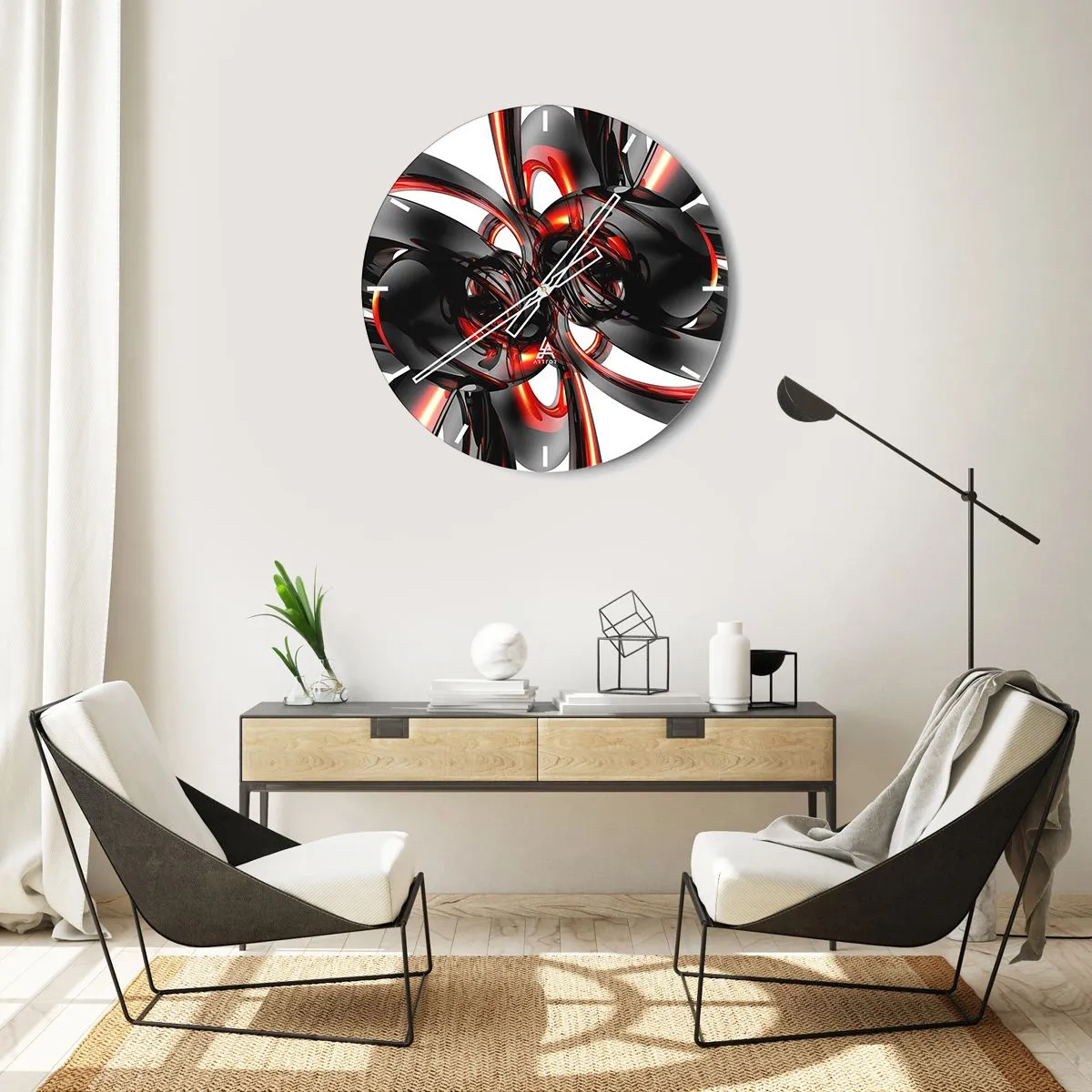 Orologio da parete - Orologio in Vetro - Motivo astratto con forme rosse e nere - 30x30cm - Movimento in grafite e rosso - Decorazione murale moderna per soggiorno, cucina e camera da letto ARTTOR