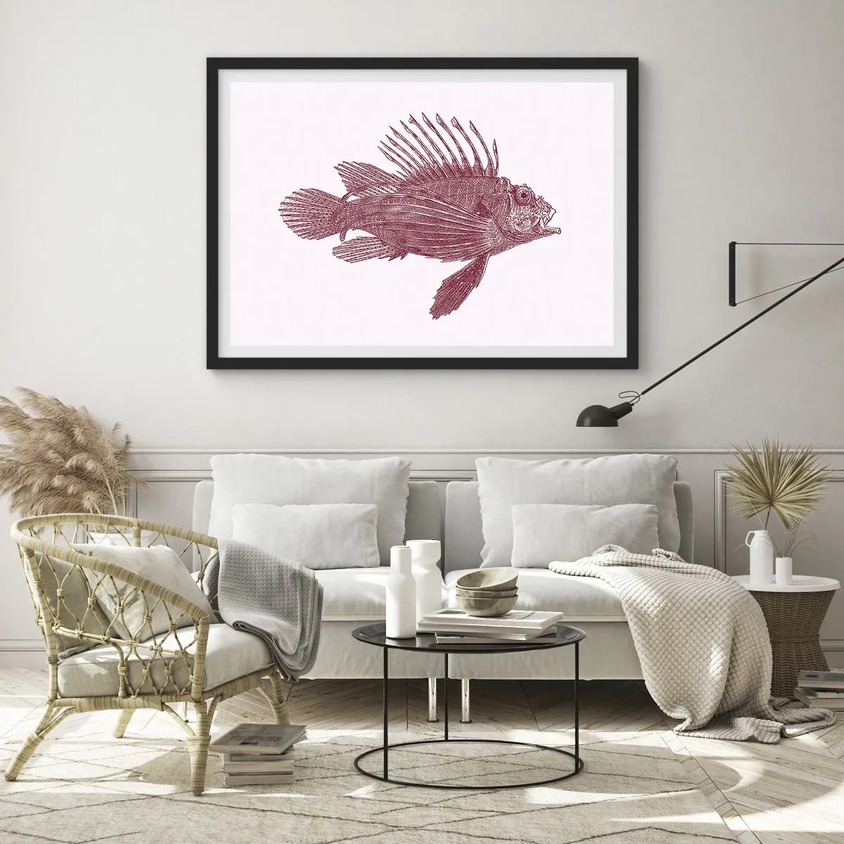 Poster in cornice nera - Disegno di un pesce in tonalità rossa - 100x70cm - Abitante di mari esotici - Decorazione murale moderna per soggiorno e camera da letto ARTTOR