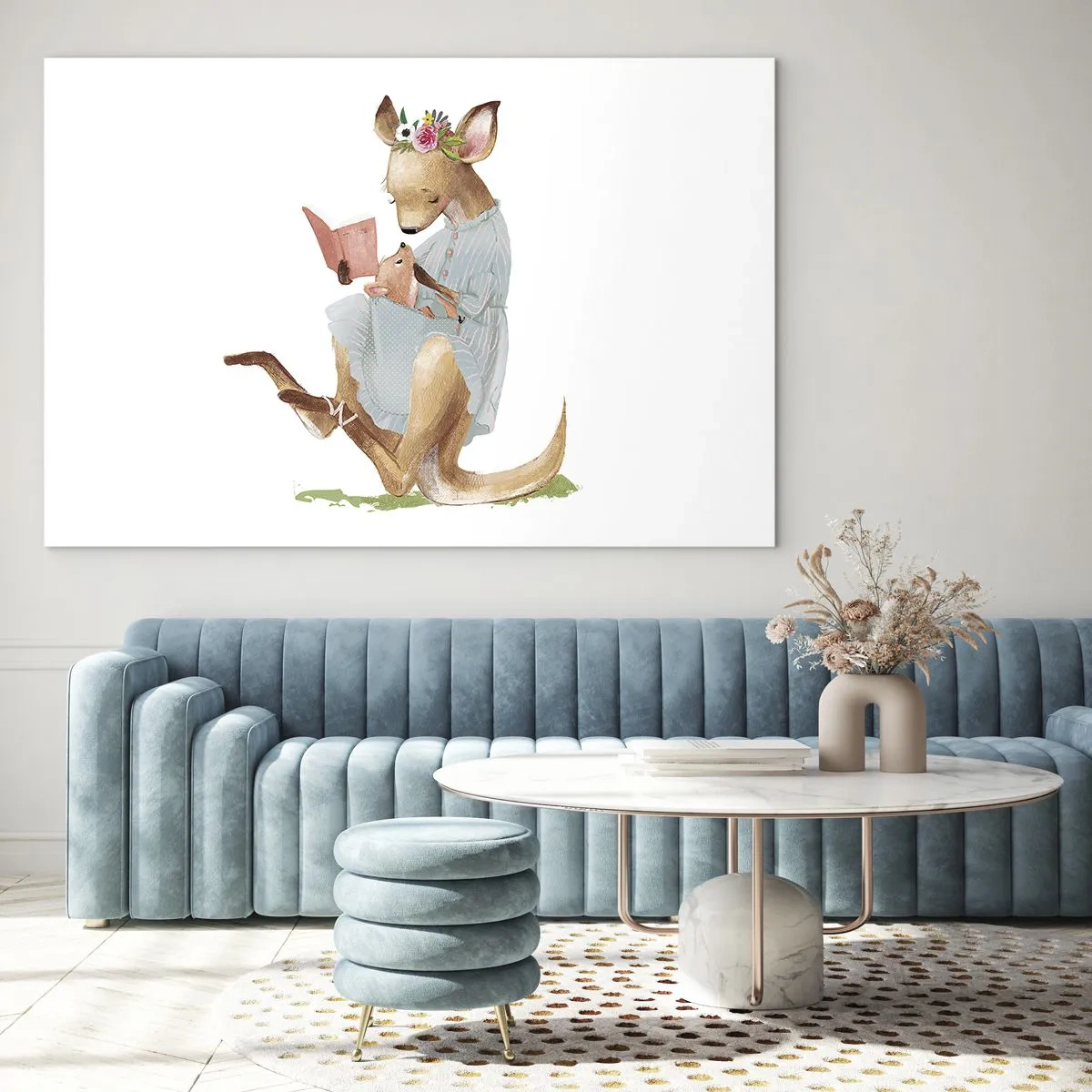 Quadro su vetro - Una mamma canguro legge un libro a un cucciolo di canguro - 70x50cm - Mamma, leggimi - Decorazione murale moderna per soggiorno e camera da letto ARTTOR