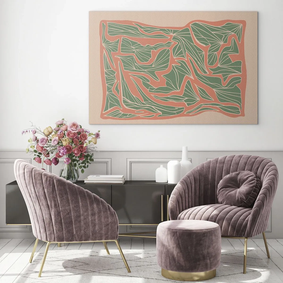 Quadro su vetro - Forme di foglie verdi circondate da una cornice di corallo su uno sfondo beige - 70x50cm - La lotta tra il corallo e il verde - Decorazione murale moderna per soggiorno e camera da letto ARTTOR
