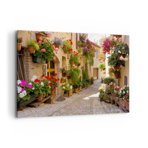 Quadro su tela - Stampe su Tela - Una strada con fiori in vaso e muri in pietra - 120x80cm - Un'esplosione di fiori - Decorazione murale moderna per soggiorno e camera da letto ARTTOR