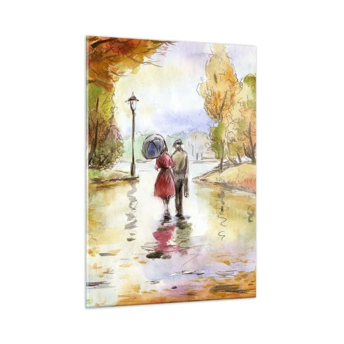 Quadro su vetro - Una passeggiata autunnale di una coppia in un parco con foglie colorate - 50x70cm - Autunno romantico nel parco - Decorazione murale moderna per soggiorno e camera da letto ARTTOR