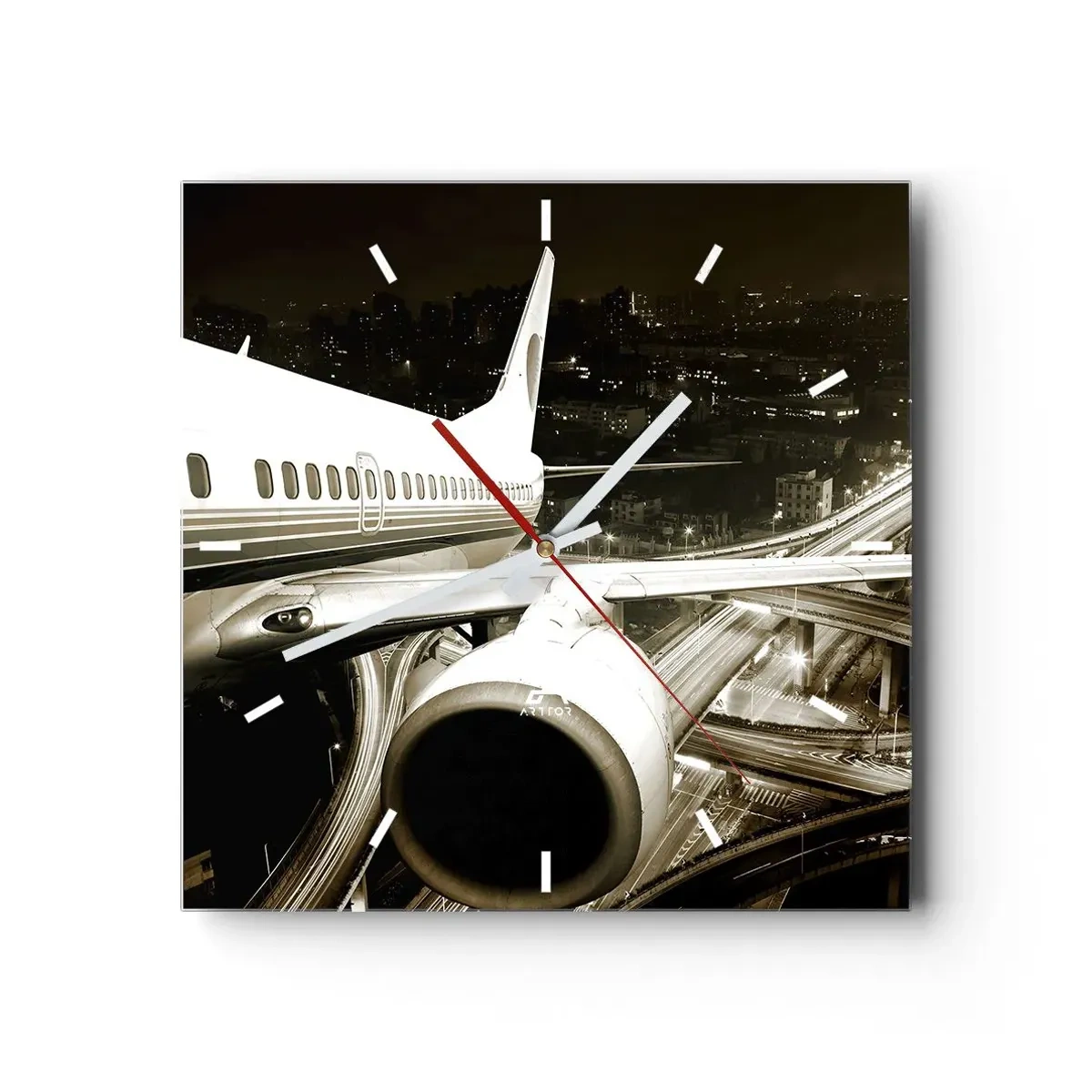 Orologio da parete - Orologio in Vetro - Un aereo sopra una città notturna con autostrade illuminate - 30x30cm - Volare di notte - Decorazione murale moderna per soggiorno e camera da letto ARTTOR