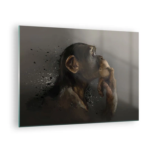 Quadro su vetro - Una scimmia che sembra pensierosa su uno sfondo scuro con effetto schizzi - 70x50cm - Sicuramente un pensatore - Decorazione murale moderna per soggiorno e camera da letto ARTTOR