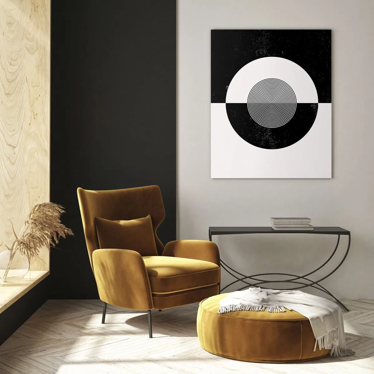 Quadro su vetro - Motivo grafico in bianco e nero a contrasto - 70x100cm - Armonia in bianco e nero - Decorazione murale moderna per soggiorno e camera da letto ARTTOR
