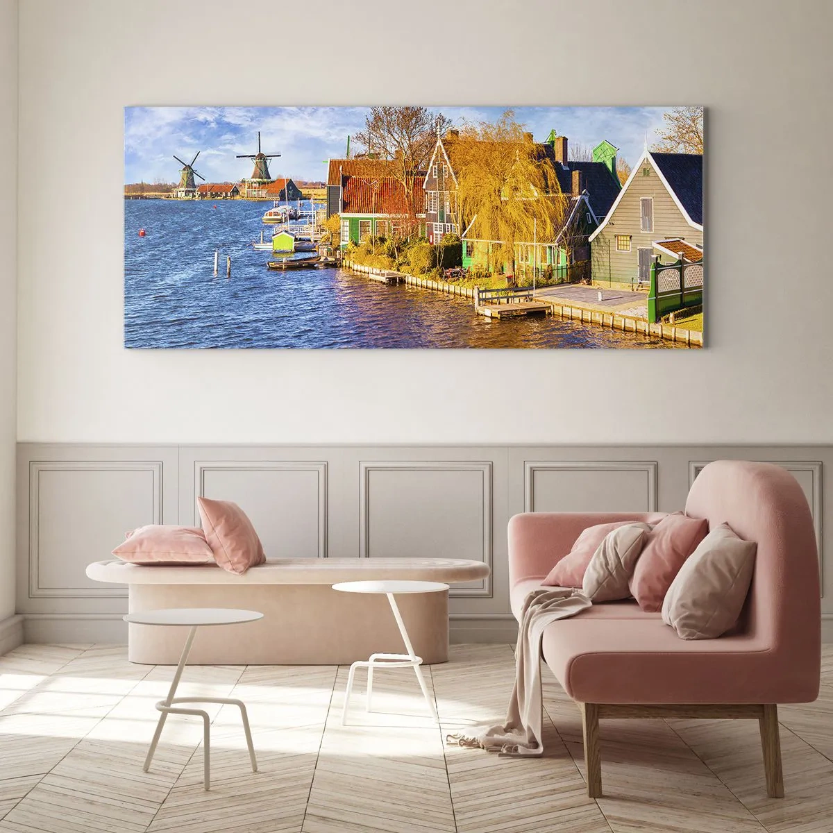 Quadro su vetro - Case pittoresche e mulini a vento in riva all'acqua - 140x50cm - Da secoli immutabile - Decorazione murale moderna per soggiorno e camera da letto ARTTOR