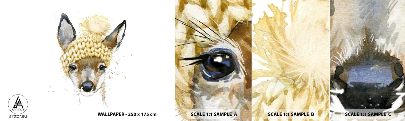 Campione Di Fotomurale Standard Eco - L'inverno nel bosco innevato - Per bambini, capriolo, Grafica - 100x30 cm