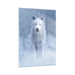 Quadro su vetro - Un lupo bianco in una tempesta di neve che guarda dritto davanti a sé - 50x70cm - Nello spirito dell'inverno - Decorazione murale moderna per soggiorno e camera da letto ARTTOR