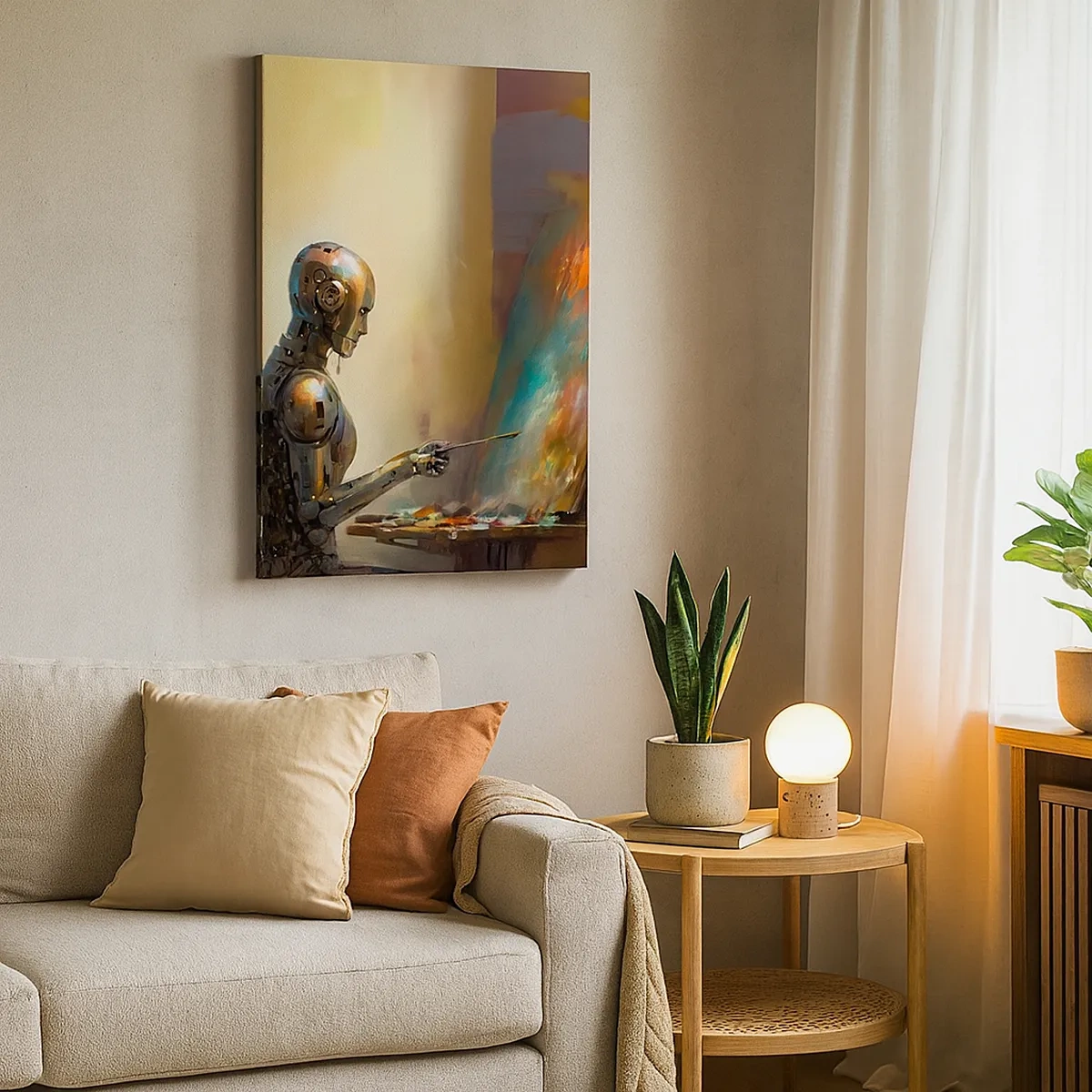 Quadro su tela - Stampe su Tela - Un robot che dipinge su una tela in stile artistico - 50x70cm - L'arte del futuro - Decorazione murale moderna per soggiorno e camera da letto ARTTOR