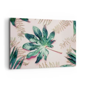 Quadro su tela - Stampe su Tela - Foglie tropicali su uno sfondo pastello chiaro - 100x70cm - Studio di verde su sfondo rosa - Decorazione murale moderna per soggiorno e camera da letto ARTTOR