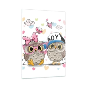 Quadro su vetro - Una coppia di allegri gufi in una composizione pastello - 50x70cm - Amiamoci! - Decorazione murale moderna per soggiorno e camera da letto ARTTOR