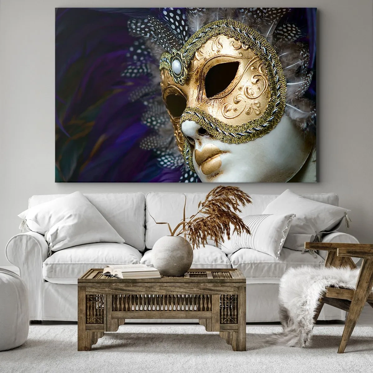 Quadro su tela - Stampe su Tela - Maschera veneziana dorata con piume decorative e ornamenti - 120x80cm - Ritratto di Venezia in oro - Decorazione murale moderna per soggiorno e camera da letto ARTTOR