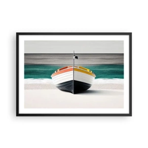 Poster in cornice nera - Una barca sulla spiaggia con un mare turchese sullo sfondo - 70x50cm - Al suo posto - Decorazione murale moderna per soggiorno e camera da letto ARTTOR