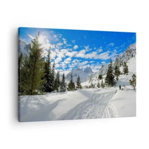 Quadro su tela - Stampe su Tela - Paesaggio montano invernale con foresta e sentiero nella neve - 70x50cm - Nella neve e nel sole - Decorazione murale moderna per soggiorno e camera da letto ARTTOR