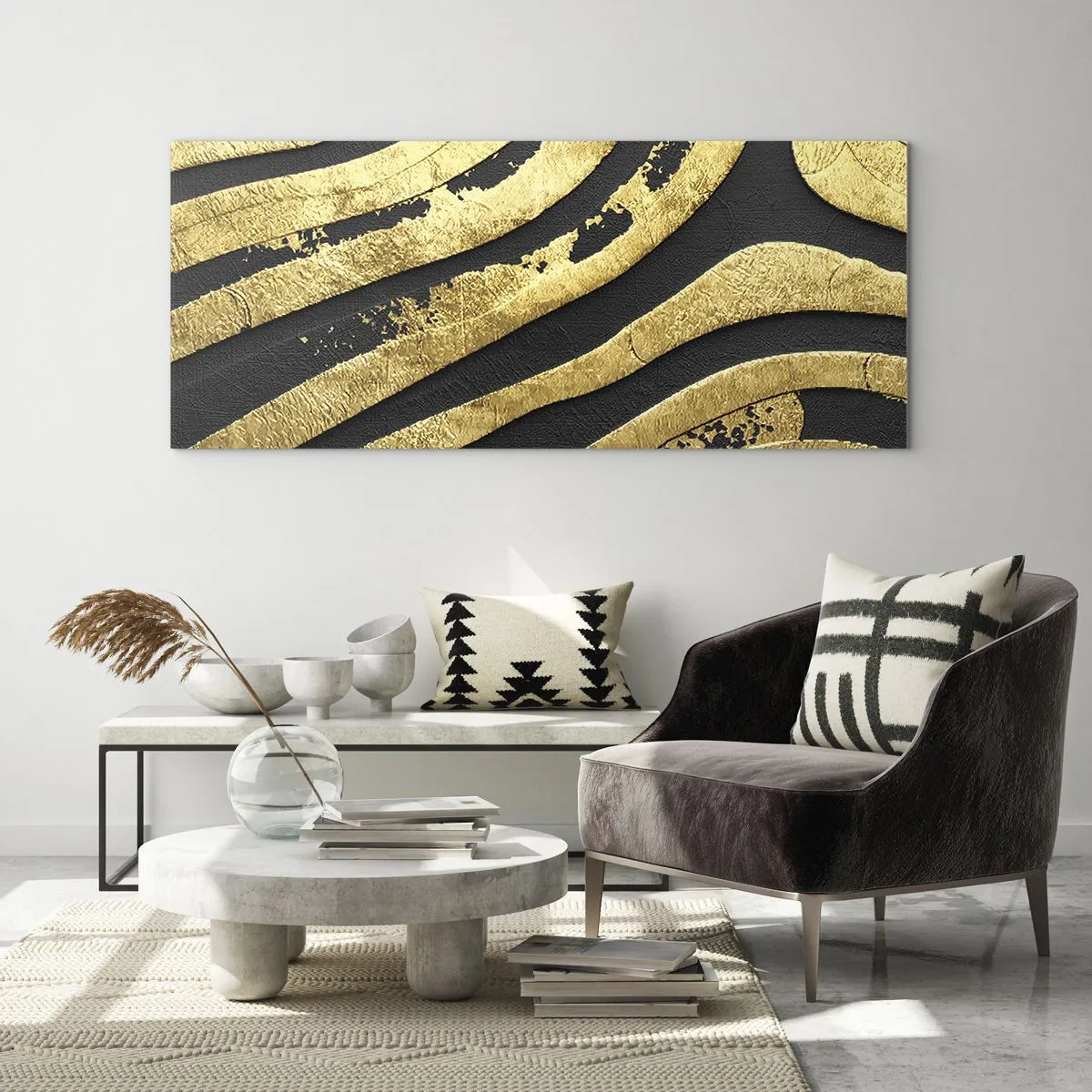 Quadro su vetro - Onde astratte dorate su sfondo nero - 160x50cm - Tutto scorre - Decorazione murale moderna per soggiorno e camera da letto ARTTOR