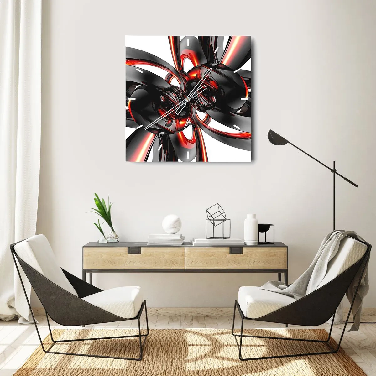 Orologio da parete - Orologio in Vetro - Grafica 3D astratta con elementi neri e rossi - 30x30cm - Movimento in grafite e rosso - Decorazione murale moderna per soggiorno e camera da letto ARTTOR