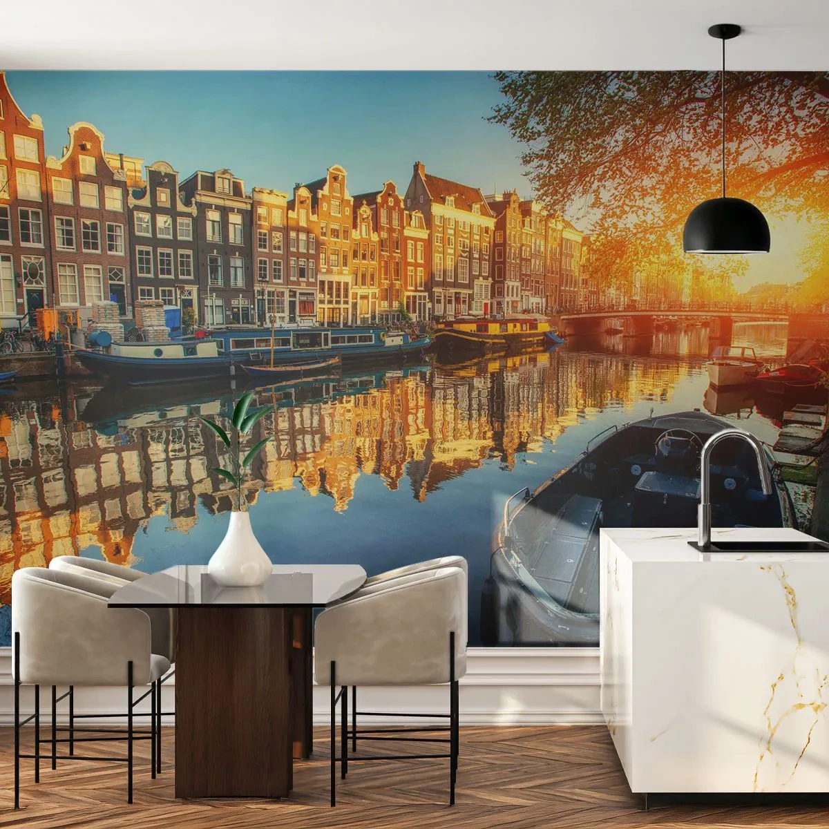 Fotomurali Standard Eco - L'alba ad Amsterdam - Città, Amsterdam, Architettura - 350x256 cm
