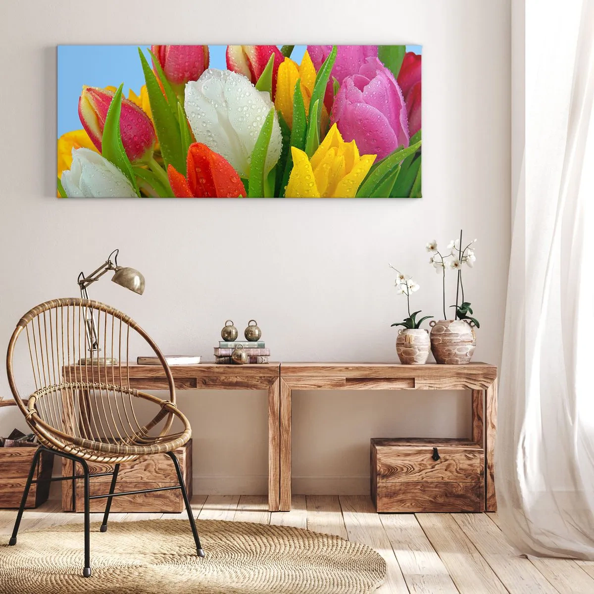 Quadro su tela - Stampe su Tela - Fiori multicolori nella rugiada - 100x40 cm