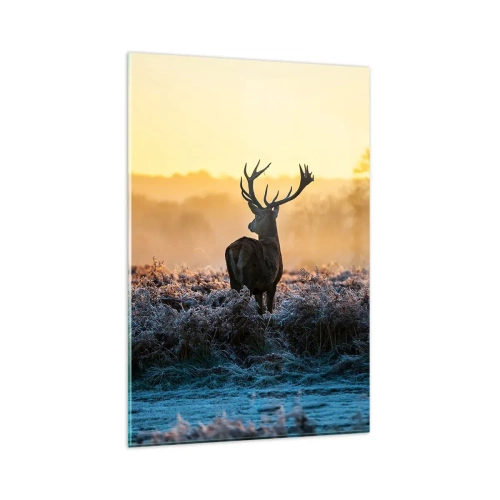 Quadro su vetro - Un cervo in una radura gelida all'alba - 80x120cm - Incoronato nelle sue terre - Decorazione murale moderna per soggiorno e camera da letto ARTTOR