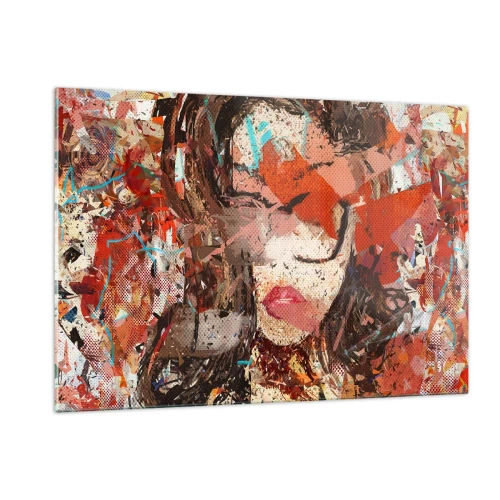 Quadro su vetro - Ritratto astratto di una donna nei toni del rosso e del beige - 120x80cm - Nessuno sa come sei veramente - Decorazione murale moderna per soggiorno e camera da letto ARTTOR