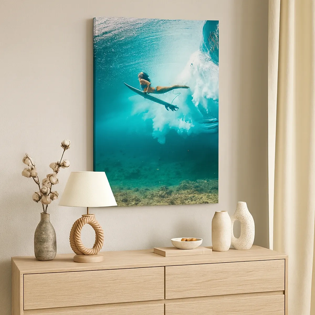 Quadro su tela - Stampe su Tela - Surfista sotto un'onda nell'acqua blu dell'oceano - 50x70cm - Mondo subacqueo - Decorazione murale moderna per soggiorno e camera da letto ARTTOR