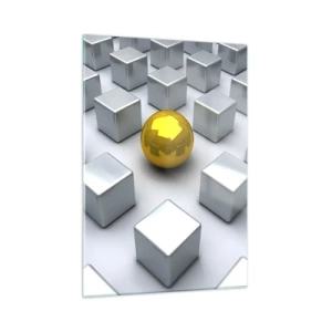 Quadro su vetro - Una sfera dorata circondata da cubi d'argento - 50x70cm - Perché io? Composizione geometrica - Decorazione murale moderna per soggiorno e camera da letto ARTTOR